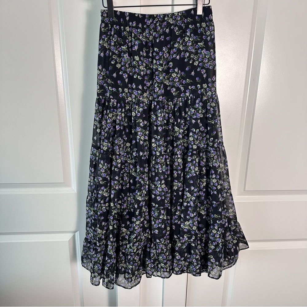 Mango Matching Set! XS/S Maxi Skirt + Blouse- Black Tiered- Purple Floral Print - Picture 7 of 14